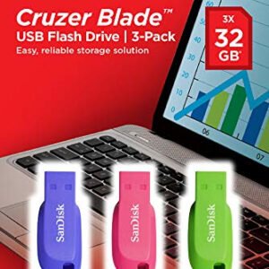 SANDISK CRUZER BLADE 3x 32GB FLASH DRIVE USB TYPE 2.0 BLUE, GREEN, PINK SDCZ50C-032G-B46T